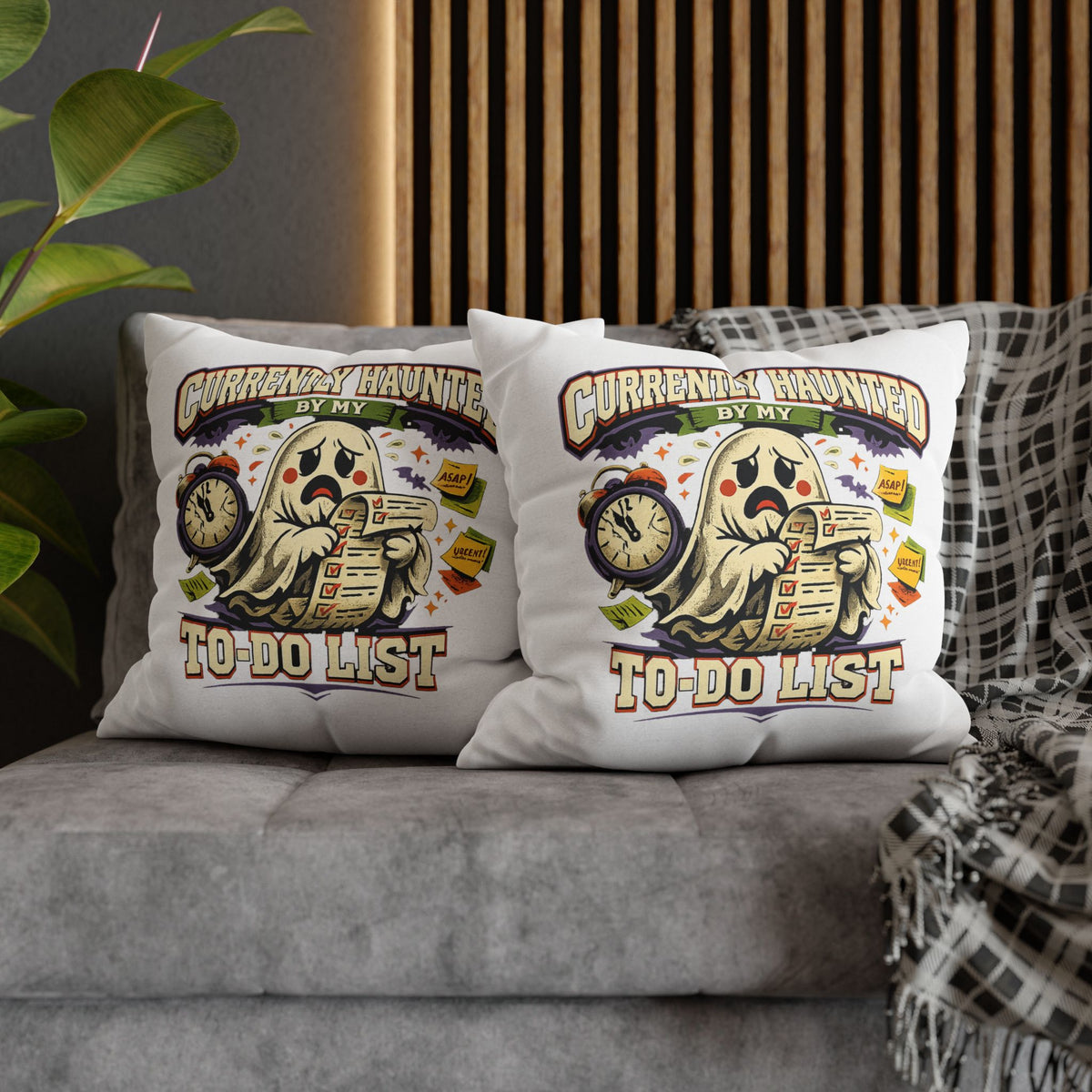 Halloween Ghost Pillowcase — "Currently Haunted by My To-Do List" Decorative Throw Pillow