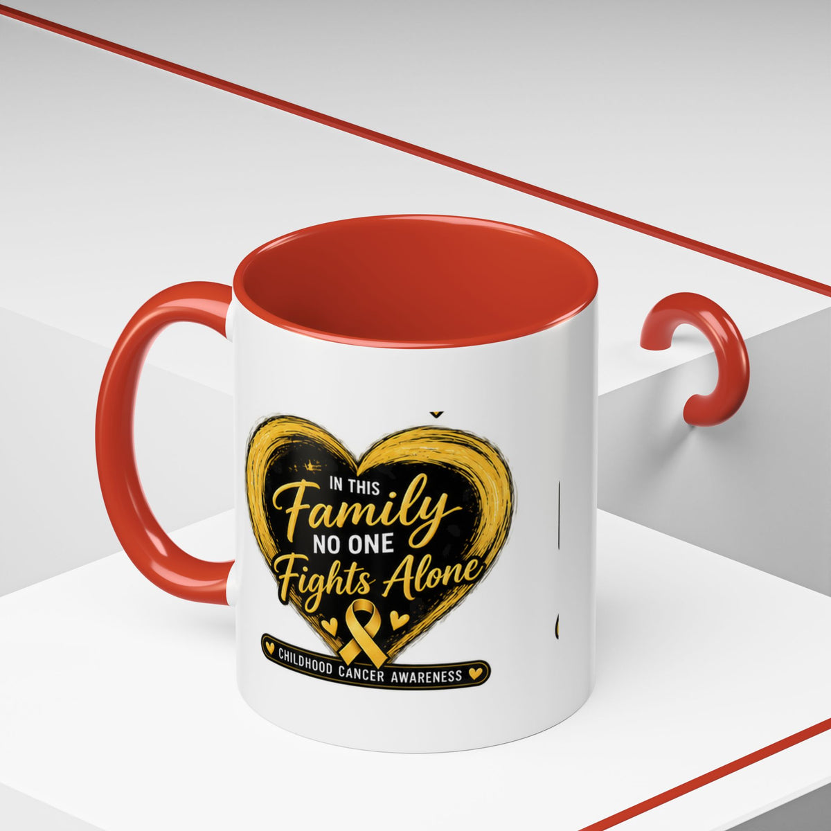 Childhood Cancer Awareness Accent Coffee Mug — "In This Family No One Fights Alone"