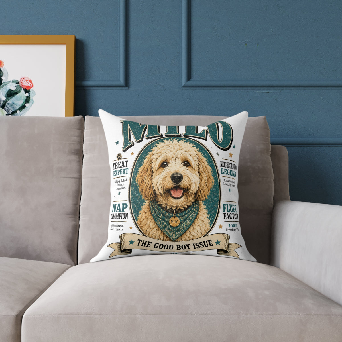 Milo Bailey Dog Dad Mom Square Pillow — "Milo: The Good Boy Issue" Dog Portrait Decorative Throw Pillow
