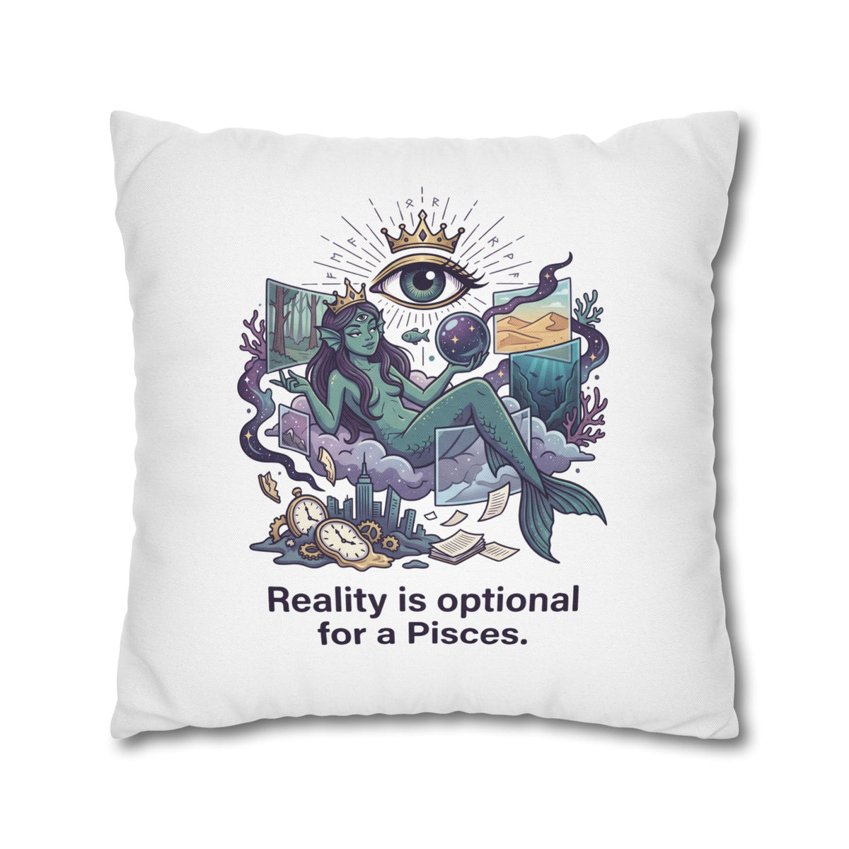 Pisces Mermaid Pillowcase — "Reality Is Optional for a Pisces" Decorative Throw Pillow