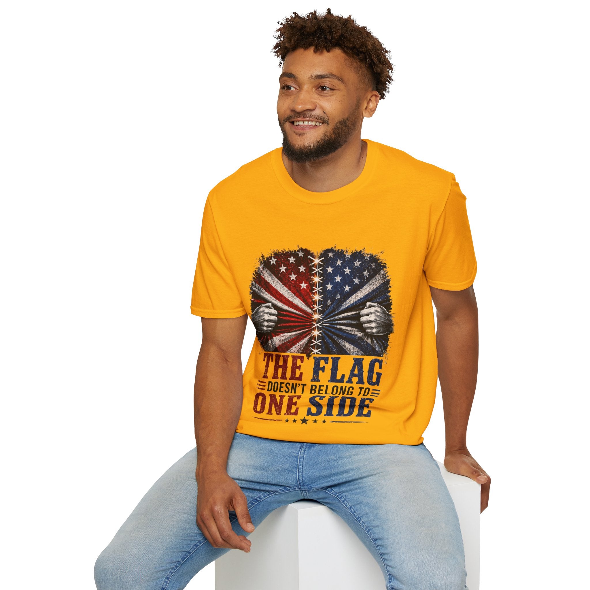 T-Shirt — "The Flag Doesn't Belong to One Side" Distressed American Flag Graphic