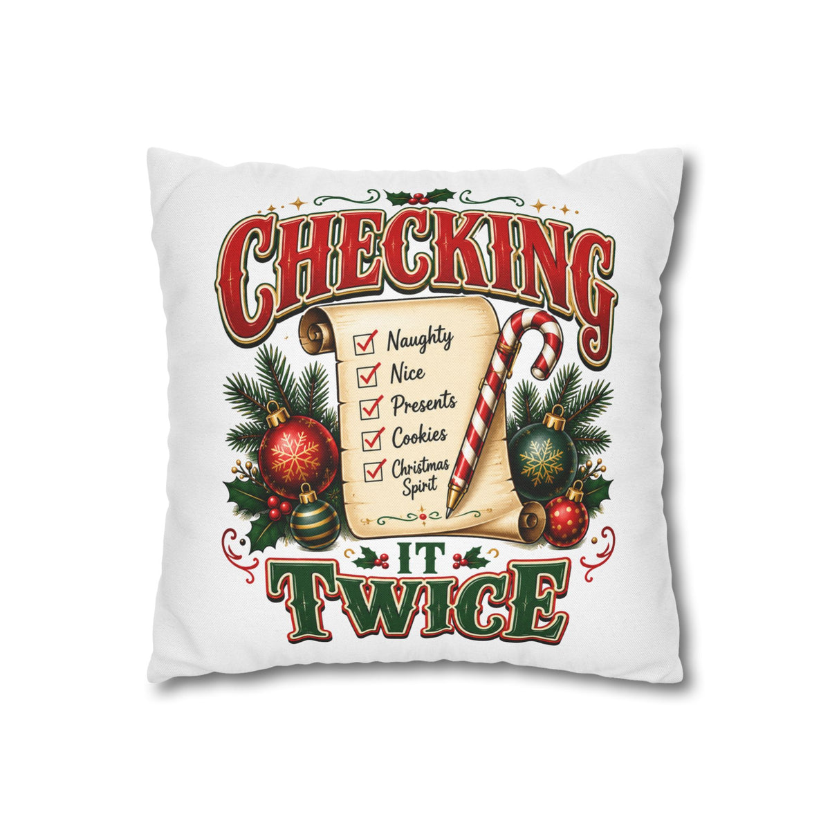 Checking It Twice Christmas Pillowcase — Festive Holiday Checklist Throw Pillow Cover