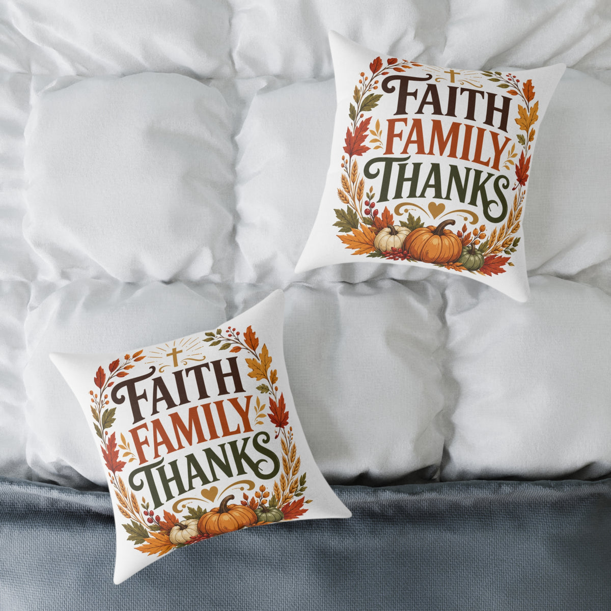 Thanksgiving Faith Family Thanks Fall Pillow — Thanksgiving Pumpkin Accent Cushion