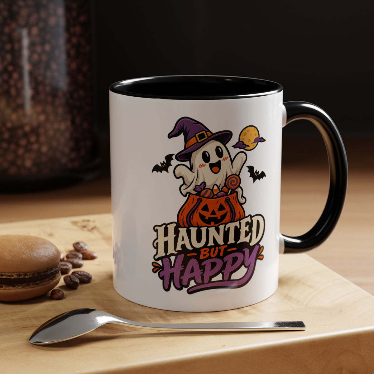 Haunted But Happy Coffee Mug — Halloween Ghost Pumpkin Accent Mug (11/15oz)