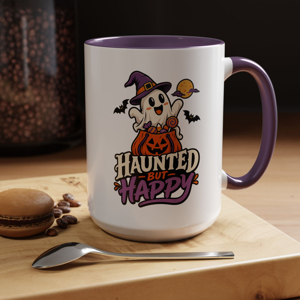 Haunted But Happy Coffee Mug — Halloween Ghost Pumpkin Accent Mug (11/15oz)