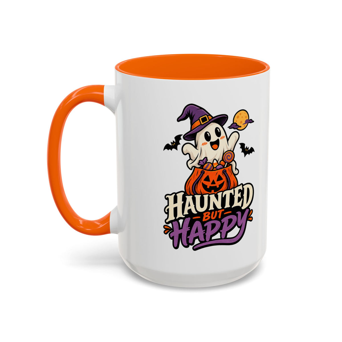 Haunted But Happy Coffee Mug — Halloween Ghost Pumpkin Accent Mug (11/15oz)