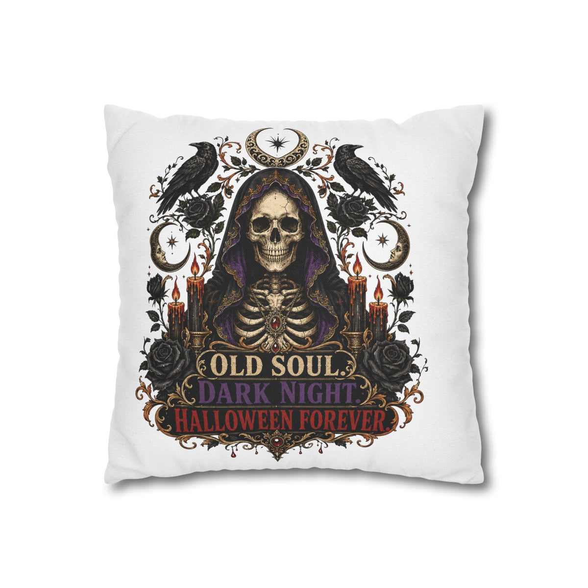 Halloween Skull Pillowcase — "Old Soul Dark Night" Spun Polyester Square Pillow