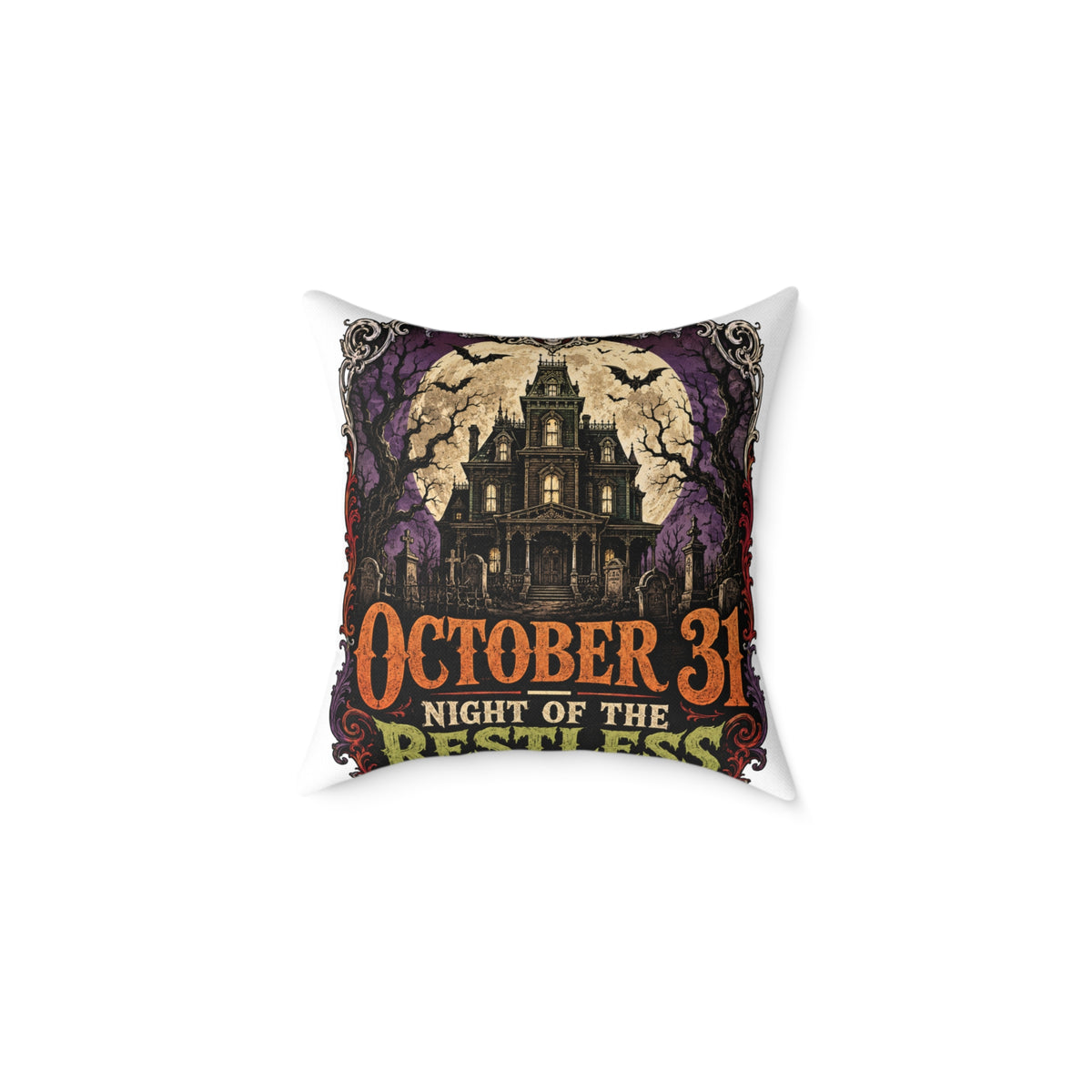 Halloween Haunted House Pillow — "October 31 Night of the Restless" Square Canvas Throw Pillow