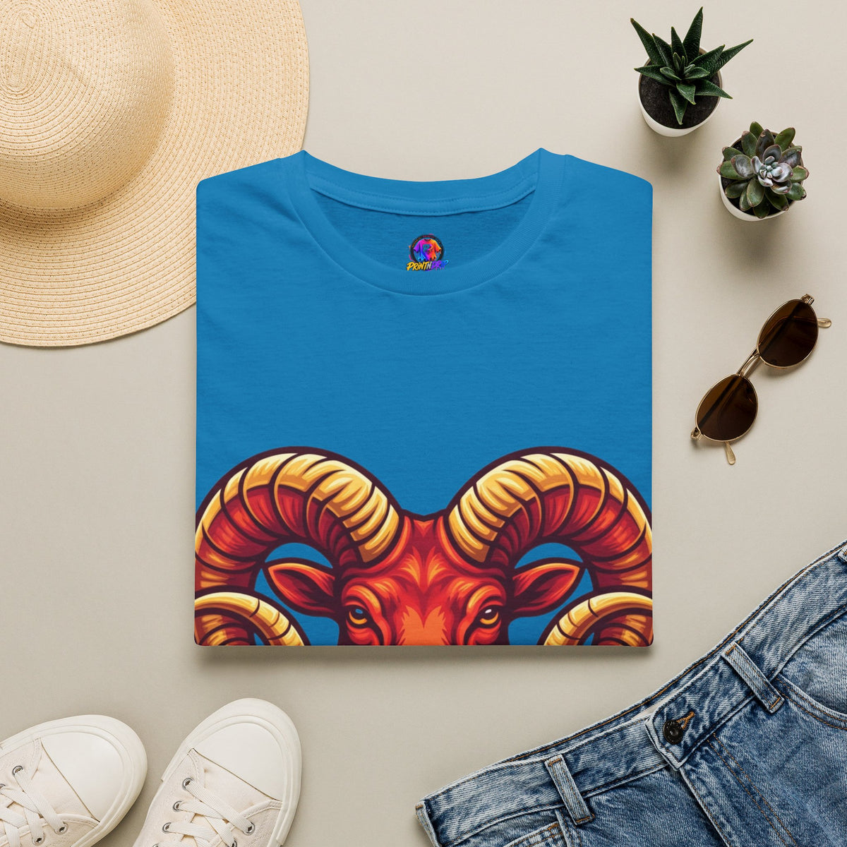 Aries Zodiac Ram Skull T-Shirt — Bold Goat Horn Graphic Tee (Aries/Zodiac)