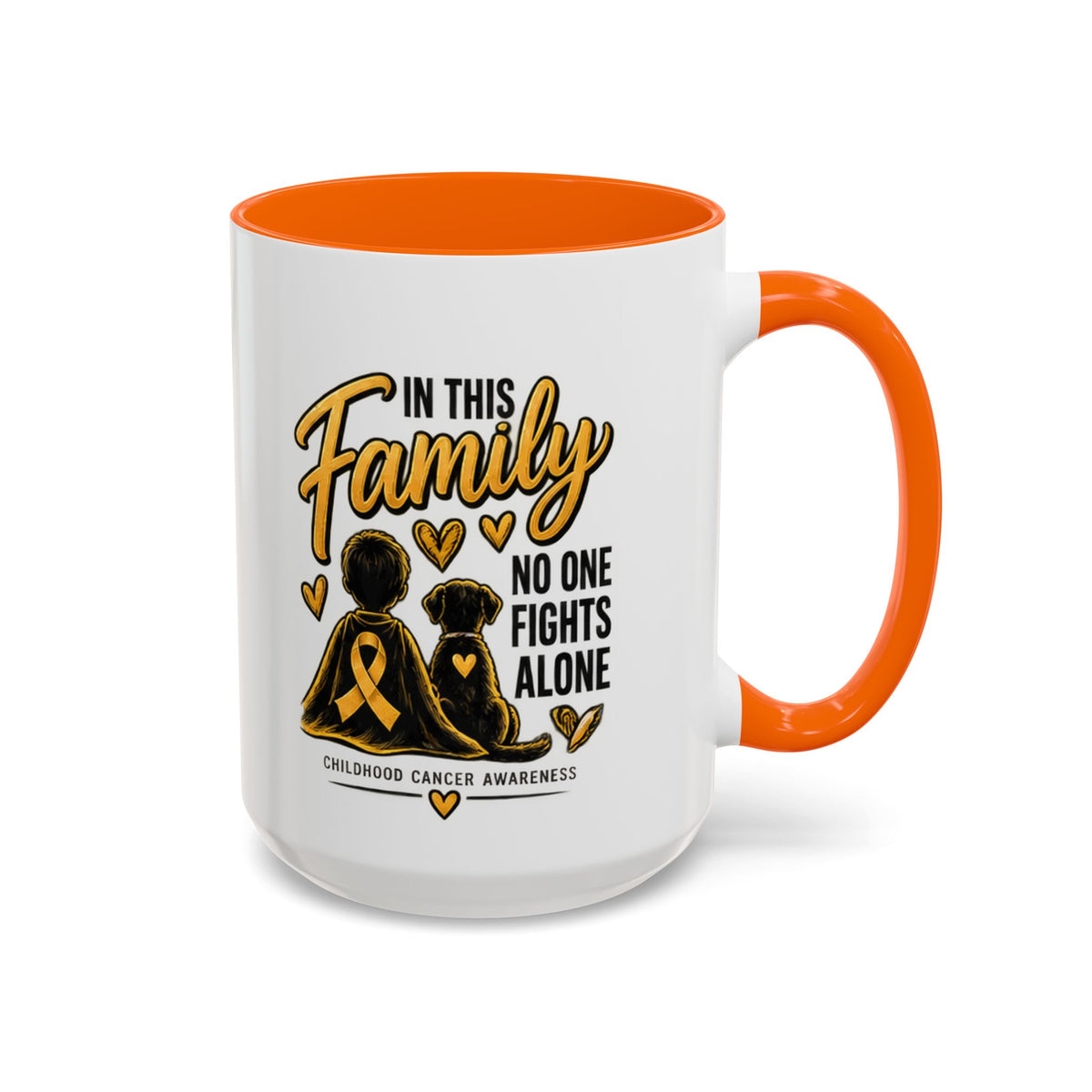 Childhood Cancer Awareness Coffee Mug — "In This Family No One Fights Alone"