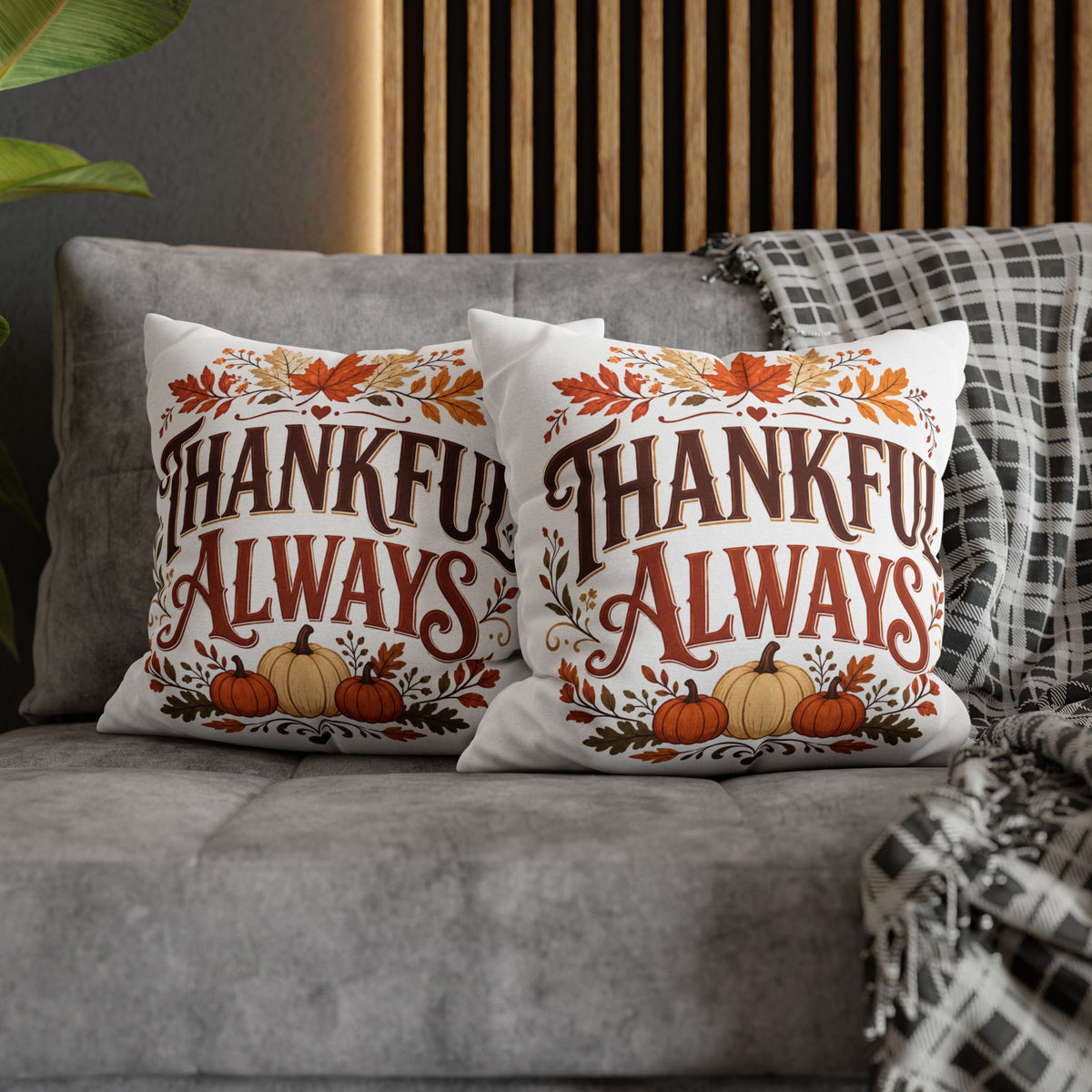 Thanksgiving Thankful Always Throw Pillowcase — Autumn Pumpkin & Leaf Thanksgiving Decor