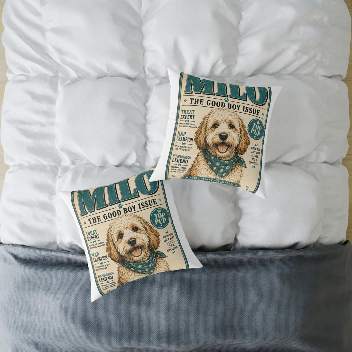 Milo Bailey Dog Dad Mom Pillow — "Milo: The Good Boy Issue" Square Throw Pillow (Pet Lover Gift)