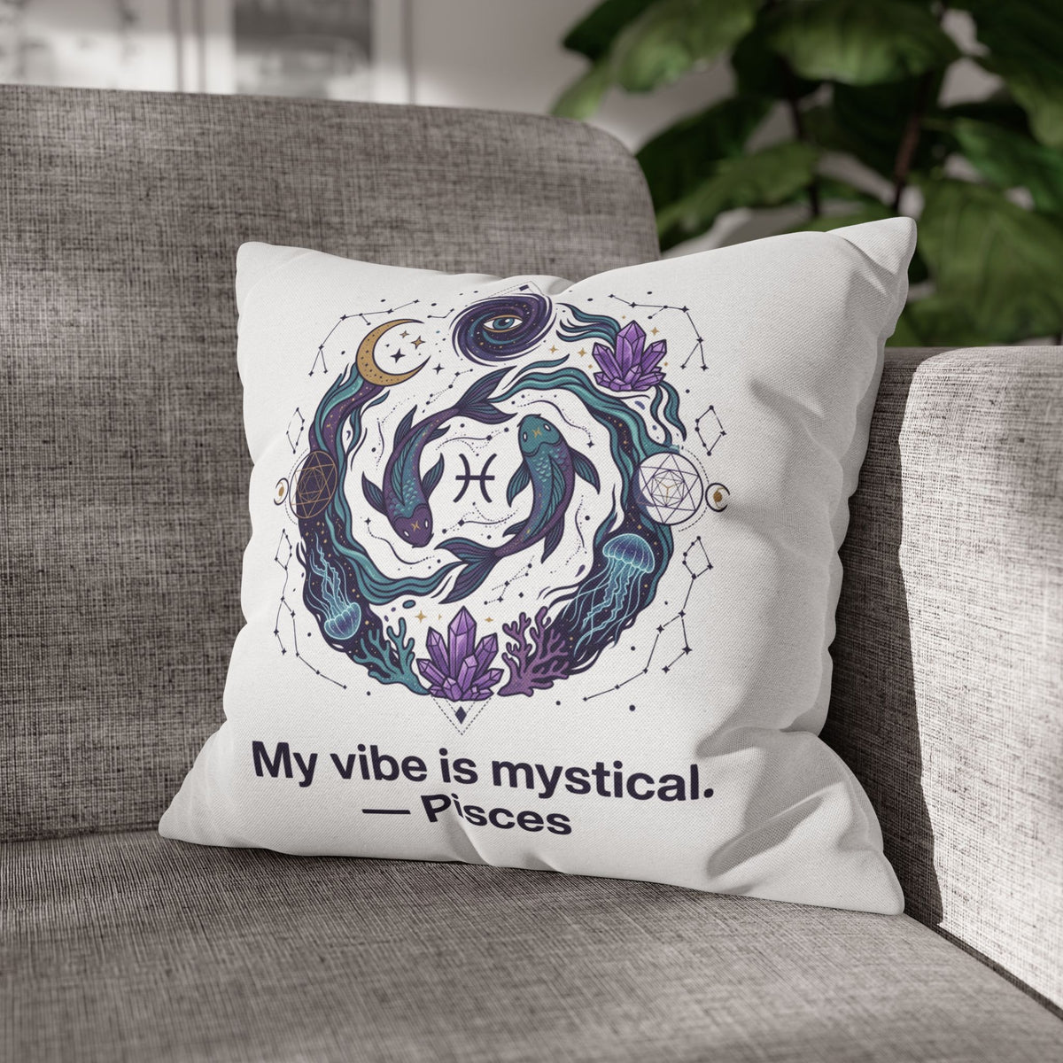 Pisces Zodiac Pillowcase — "My vibe is mystical" Decorative Throw Pillow Cover