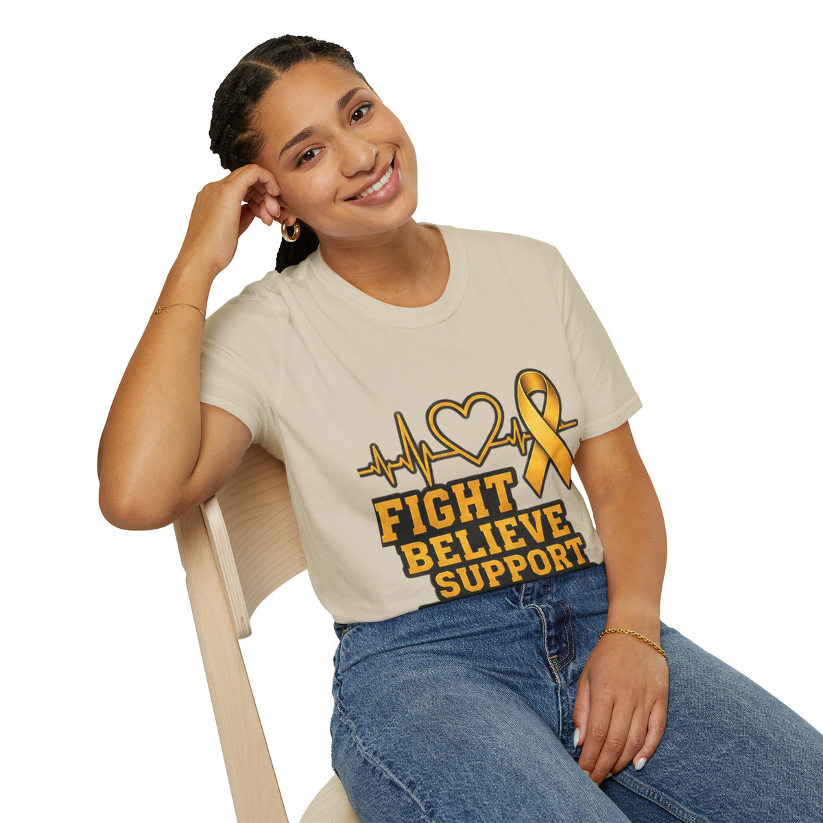 Childhood Cancer Awareness T-Shirt – "Fight Believe Support Never Give Up" Gold Ribbon Tee