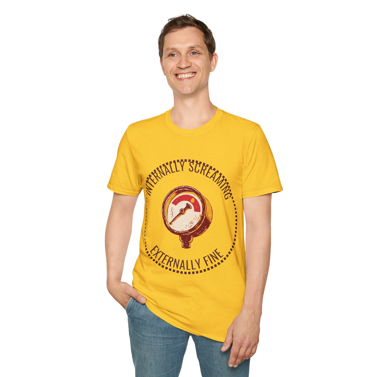 "Internally Screaming Externally Fine" Pressure Gauge Tee - Funny Relatable Stress White T-Shirt - Trending Now - September 2026