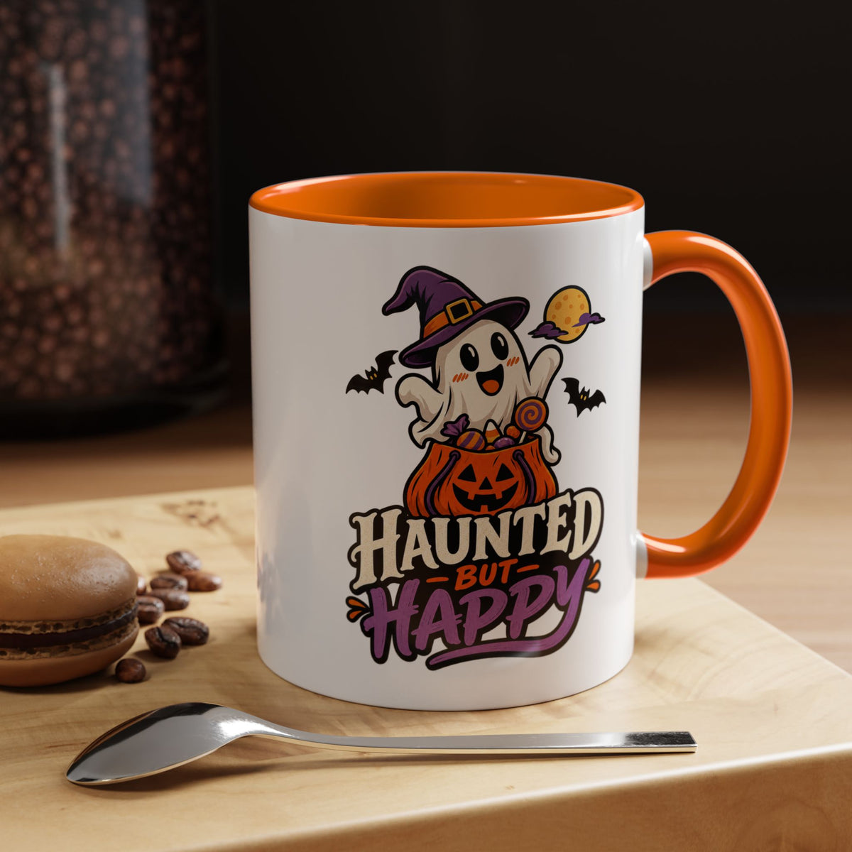 Haunted But Happy Coffee Mug — Halloween Ghost Pumpkin Accent Mug (11/15oz)