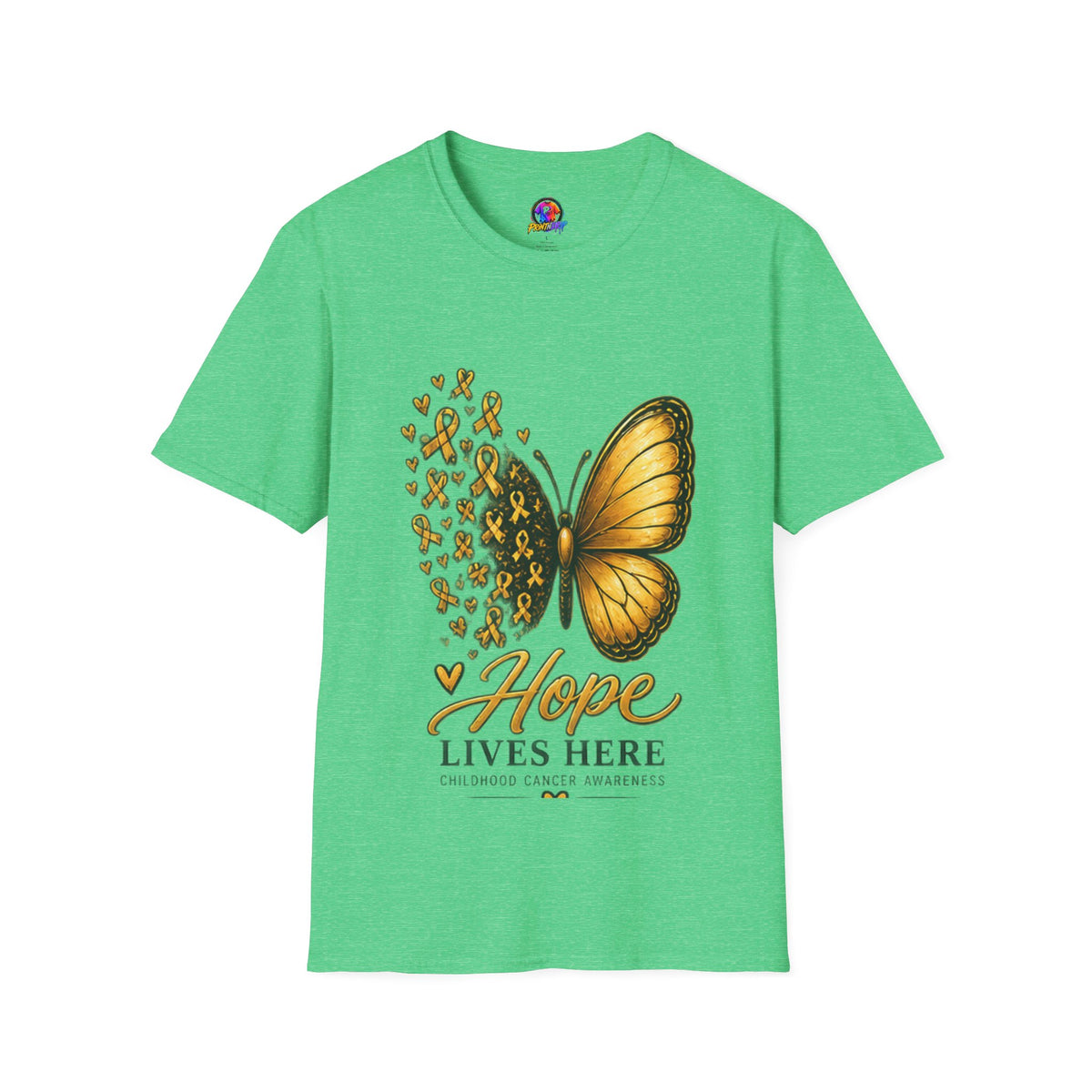 Hope Lives Here Gold Ribbon Butterfly Childhood Cancer Awareness T-Shirt