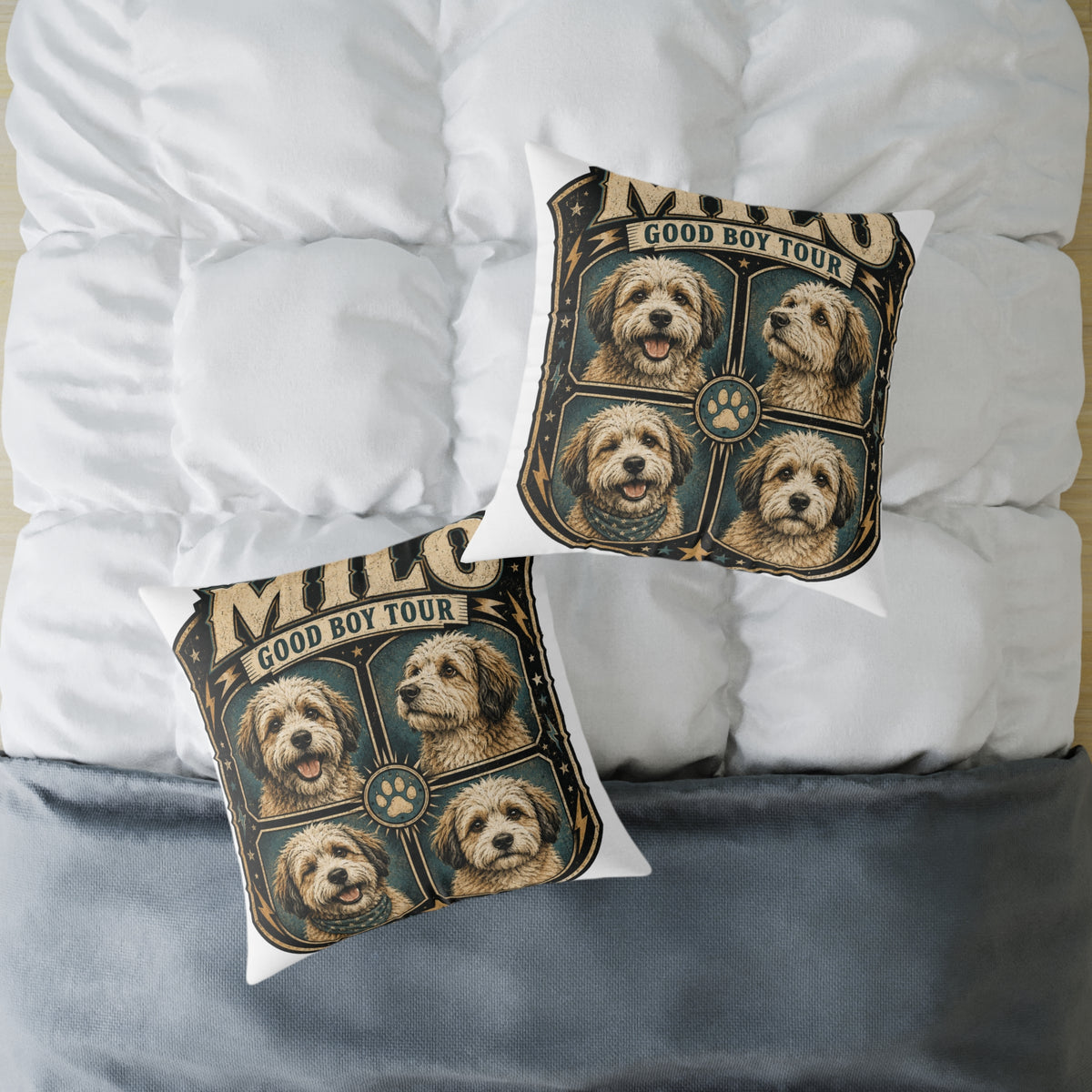 Dog Portrait Pillow - "Good Boy Tour" Vintage Puppy Square Throw Pillow  Milo Bailey Dog Dad Mom