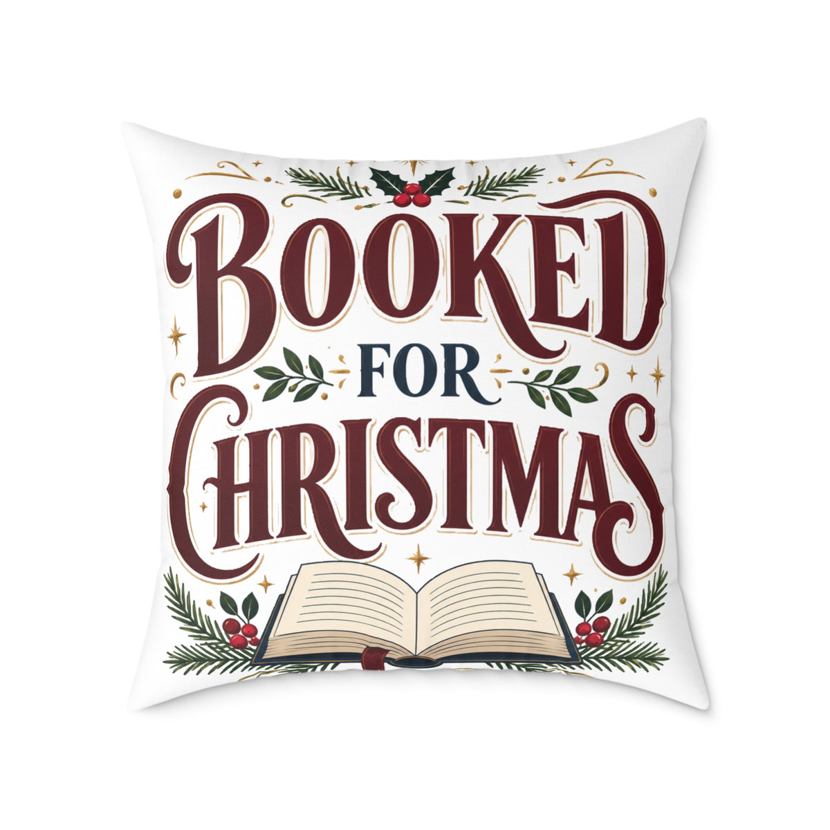Christmas Book Lover Pillow — "Booked for Christmas" Decorative Throw Pillow