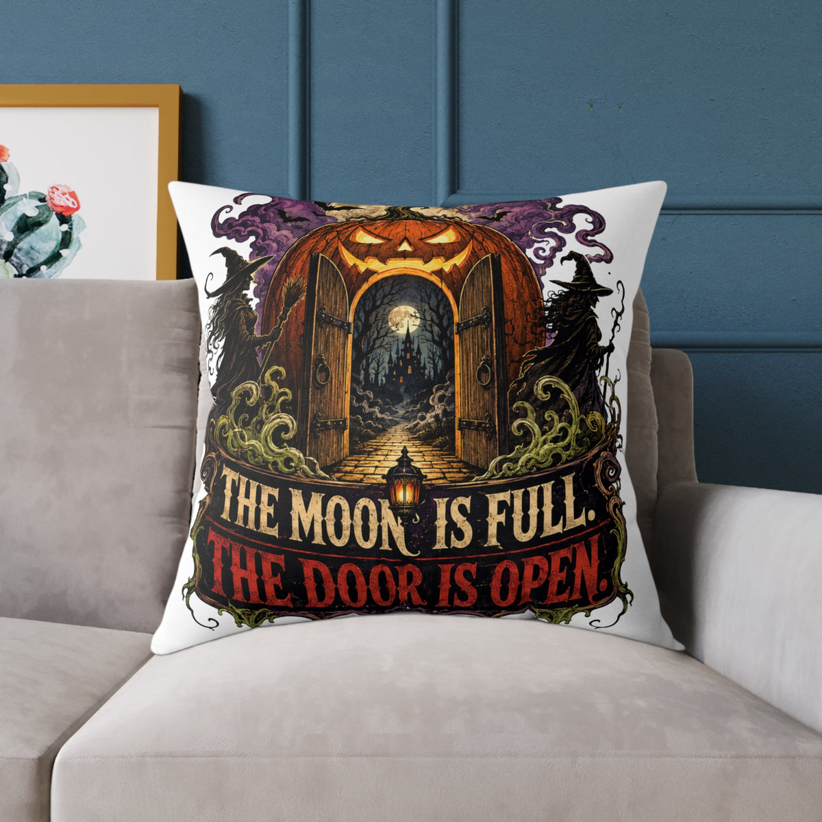 Halloween Pumpkin Door Pillow — "The Moon Is Full, The Door Is Open" Decorative Throw Pillow