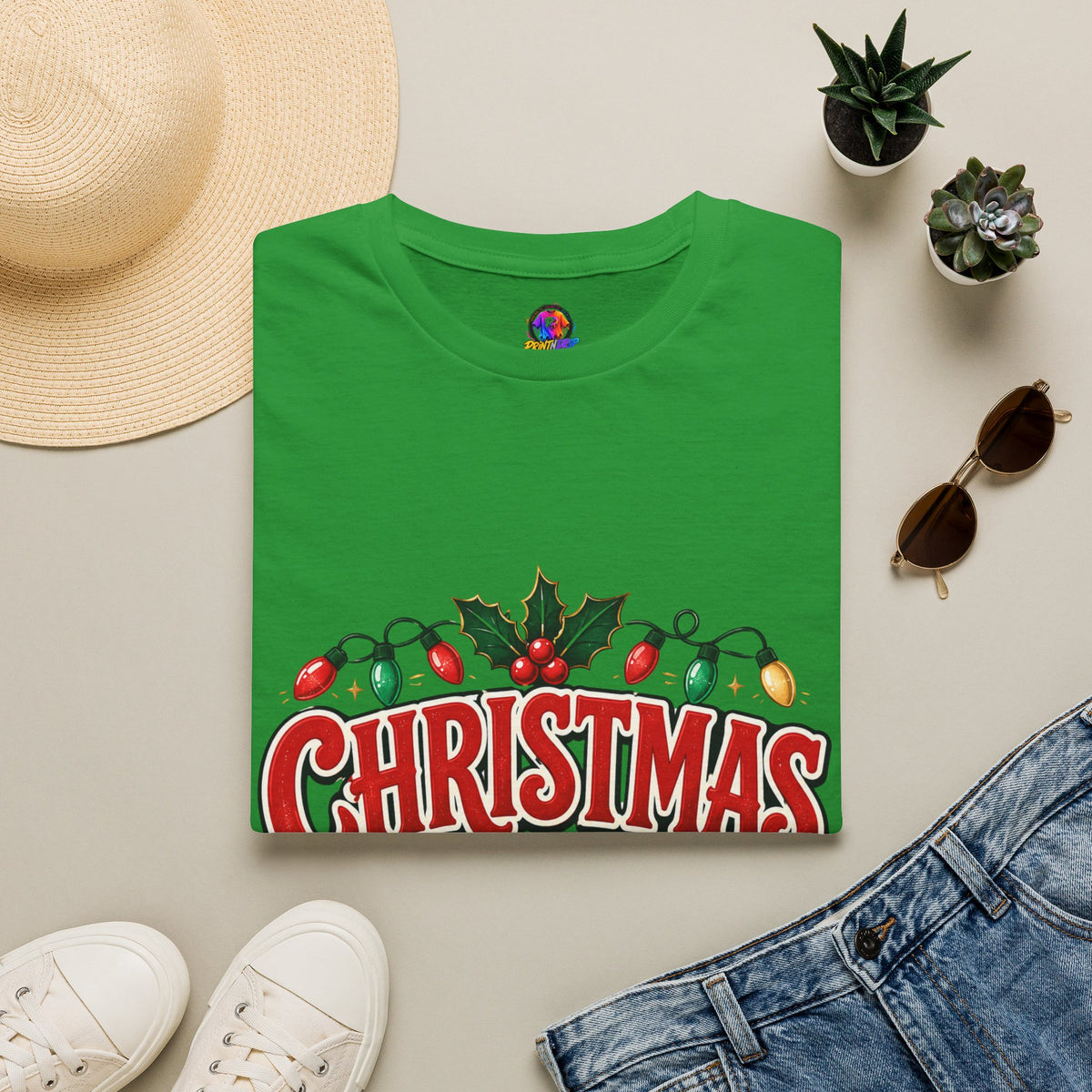Christmas Crew T-Shirt — Festive Holiday Graphic Tee with Lights & Holly