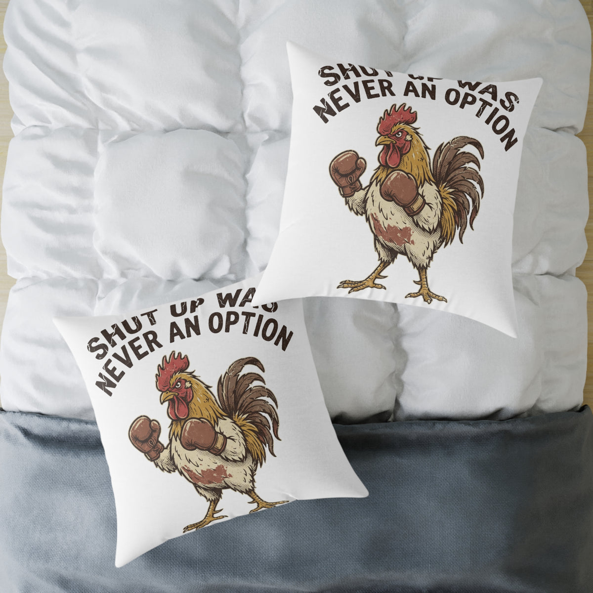 Rooster Boxing Pillow — Funny "Shut Up" Funny Farm Animal Throw Pillow