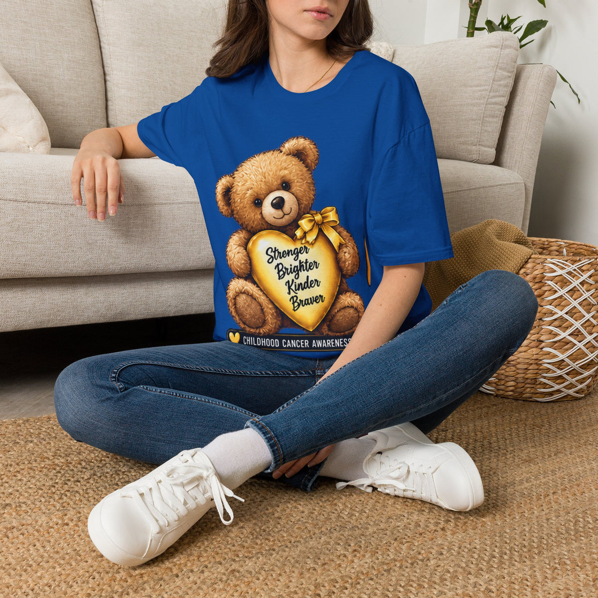 Childhood Cancer Awareness Teddy T-Shirt — "Stronger Brighter Kinder Braver"