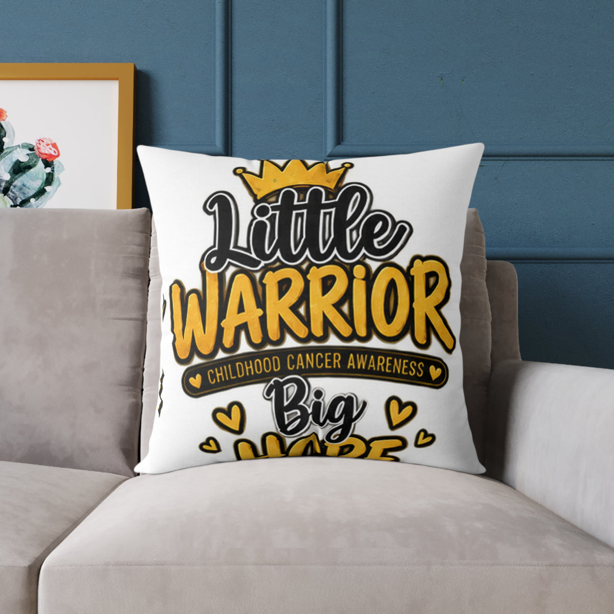 Little Warrior Childhood Cancer Awareness Pillow — Square Poly Canvas Throw Pillow
