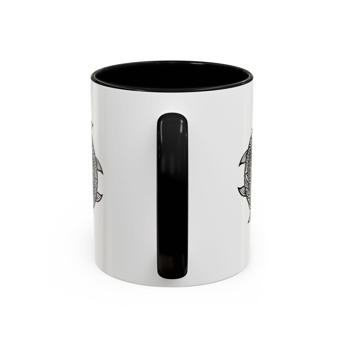 Pisces Zodiac Turtle Mandala Accent Coffee Mug – Black Interior & Handle, Intricate Tribal Sea Turtle Design