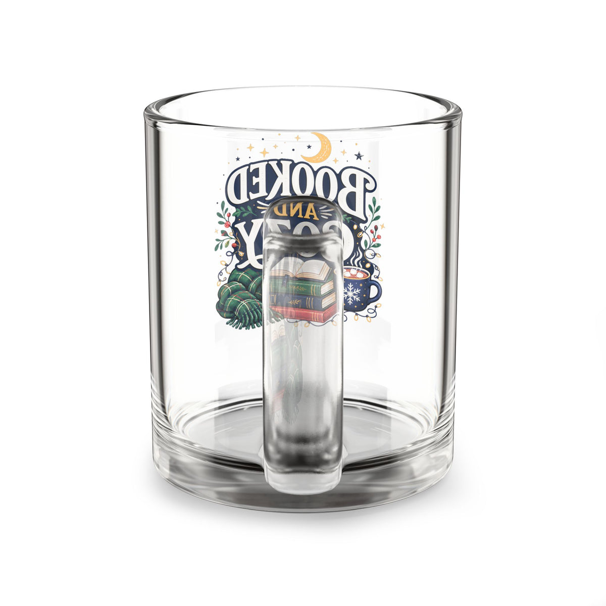 Modern Day Christmas Glass Mug - "Booked and Cozy" Illustrated Reading Mug, 10oz