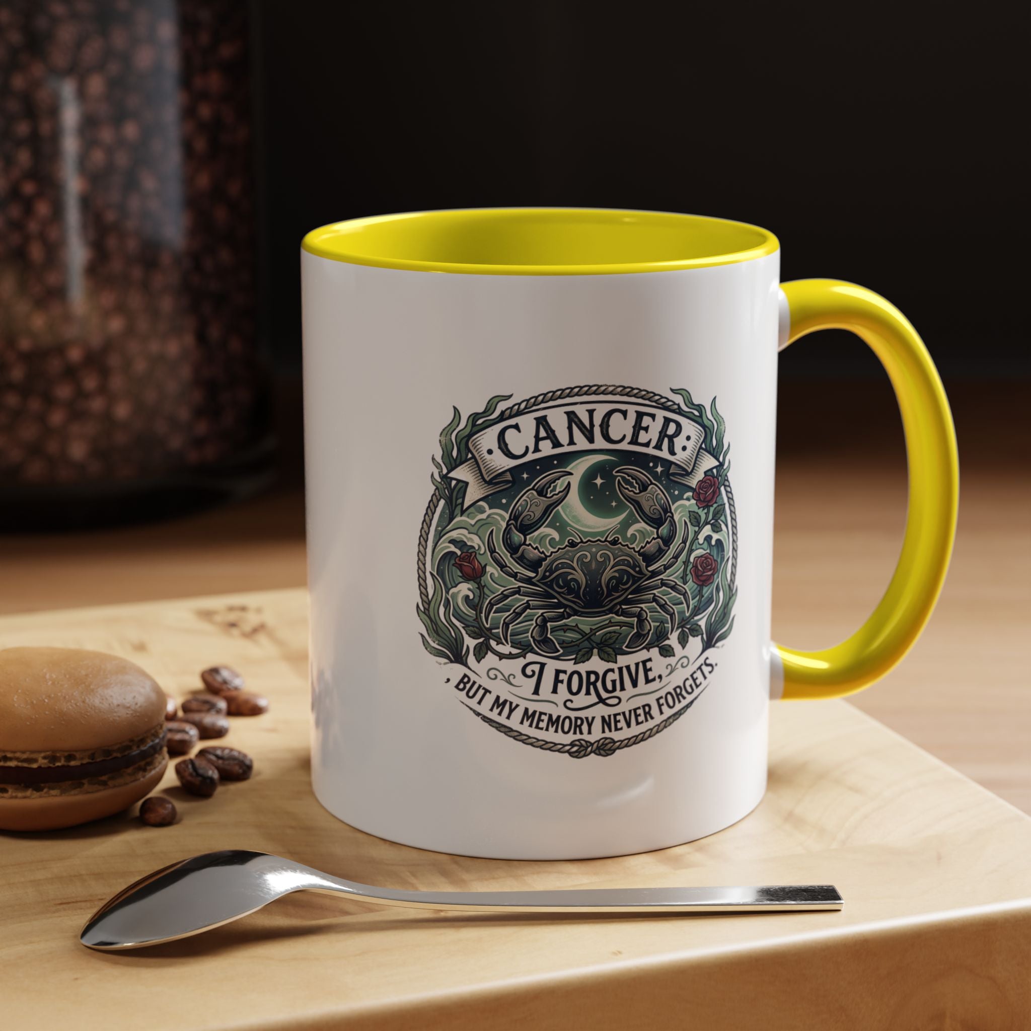 Cancer Zodiac Accent Coffee Mug — 'I Forgive But My Memory Never Forgets' Horoscope Gift