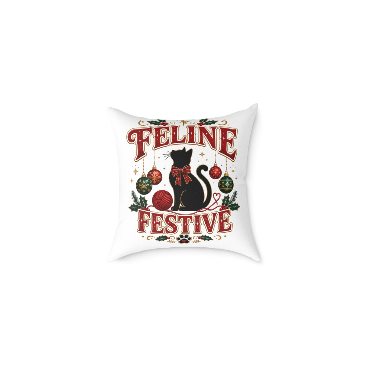 Christmas Feline Festive Square Pillow - Holiday Cat Decor