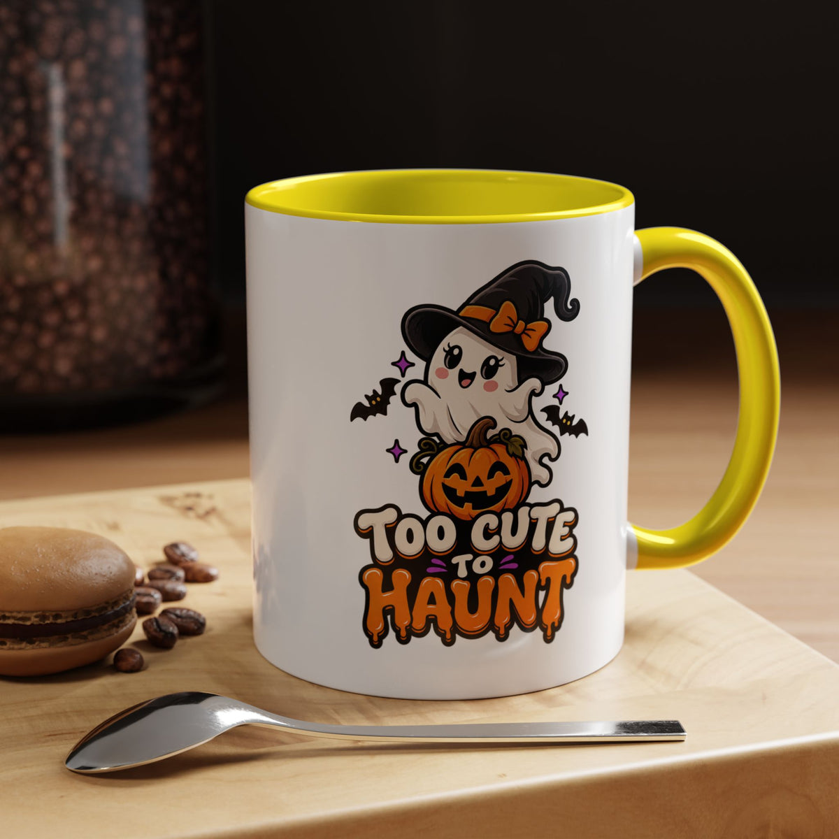 Halloween Coffee Mug - 'Too Cute to Haunt' Ghost Pumpkin Accent Mug