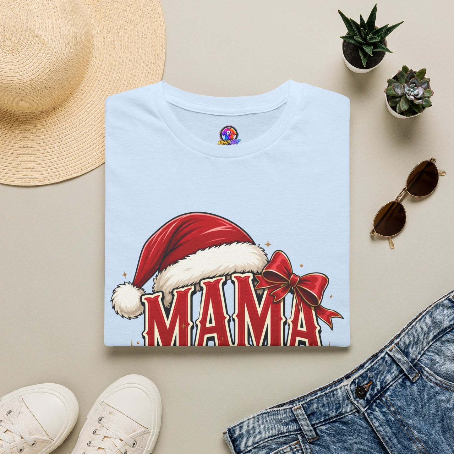 Mama Claus T-Shirt — Festive Christmas Mom Tee with Santa Hat & Bow