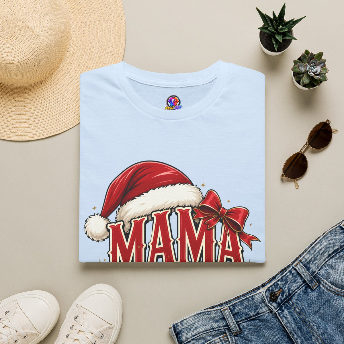 Mama Claus T-Shirt — Festive Christmas Mom Tee with Santa Hat & Bow