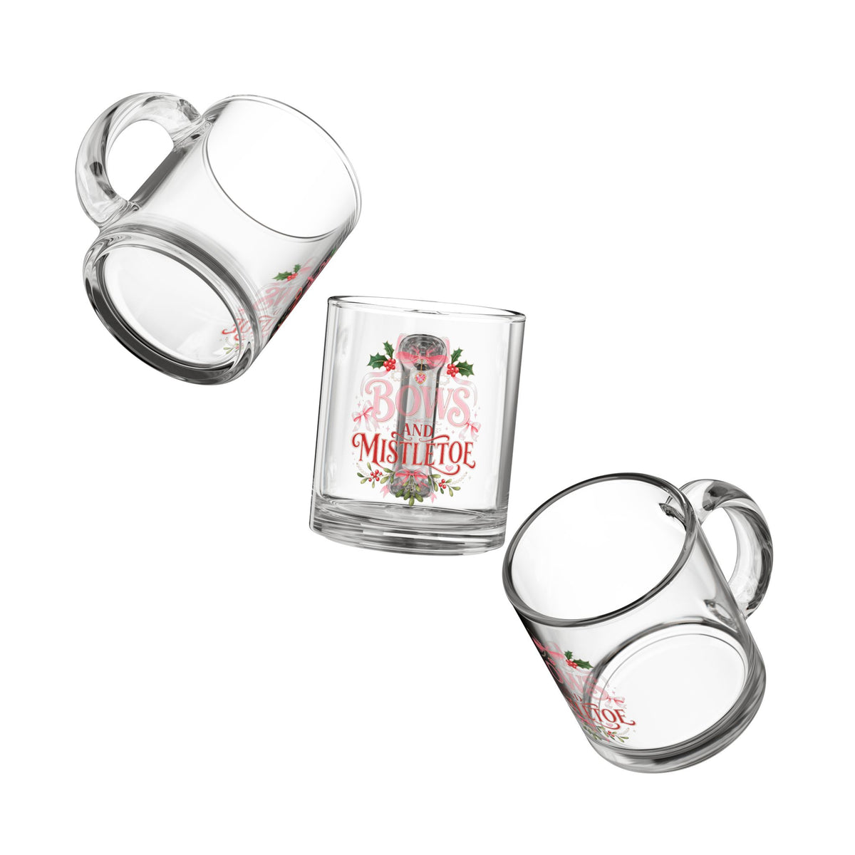 Christmas Glass Mug 10 oz Glass Mug — "Bows and Mistletoe" Christmas Holiday Coffee Mug, 10oz