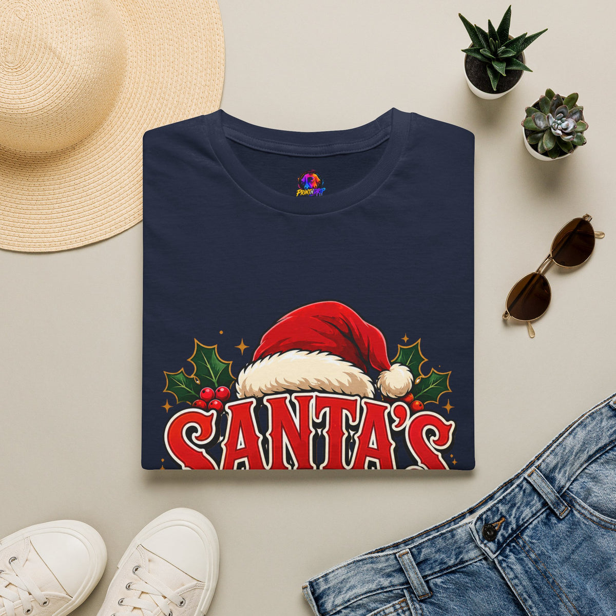 Santa's Favorite T-Shirt — Festive Christmas Tee with Santa Hat & Holly