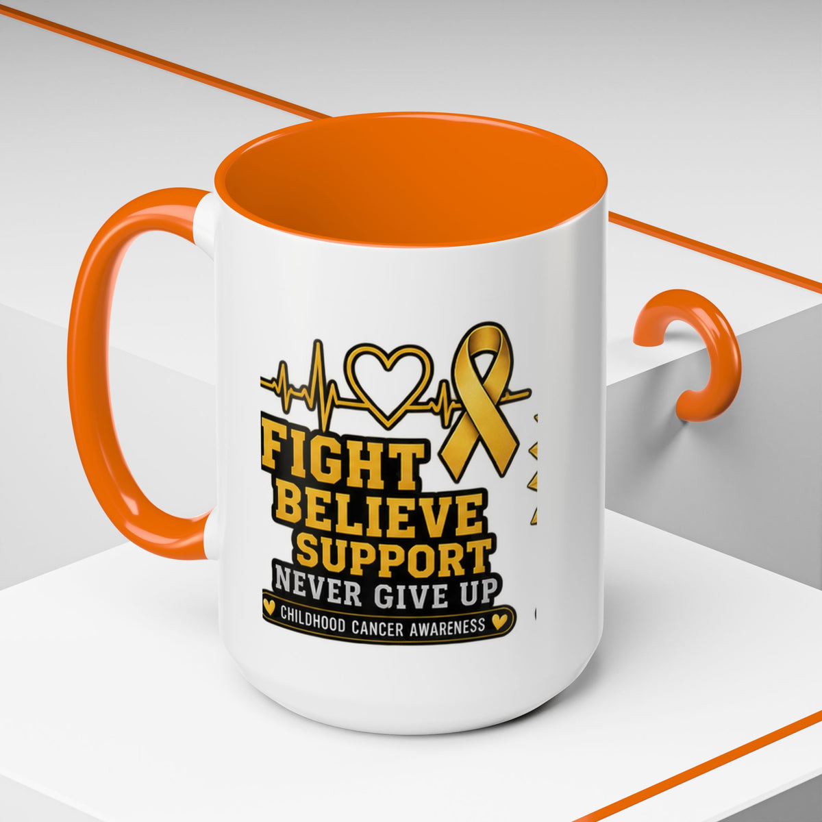 Childhood Cancer Awareness Accent Coffee Mug — "Fight Believe Support" 11/15oz