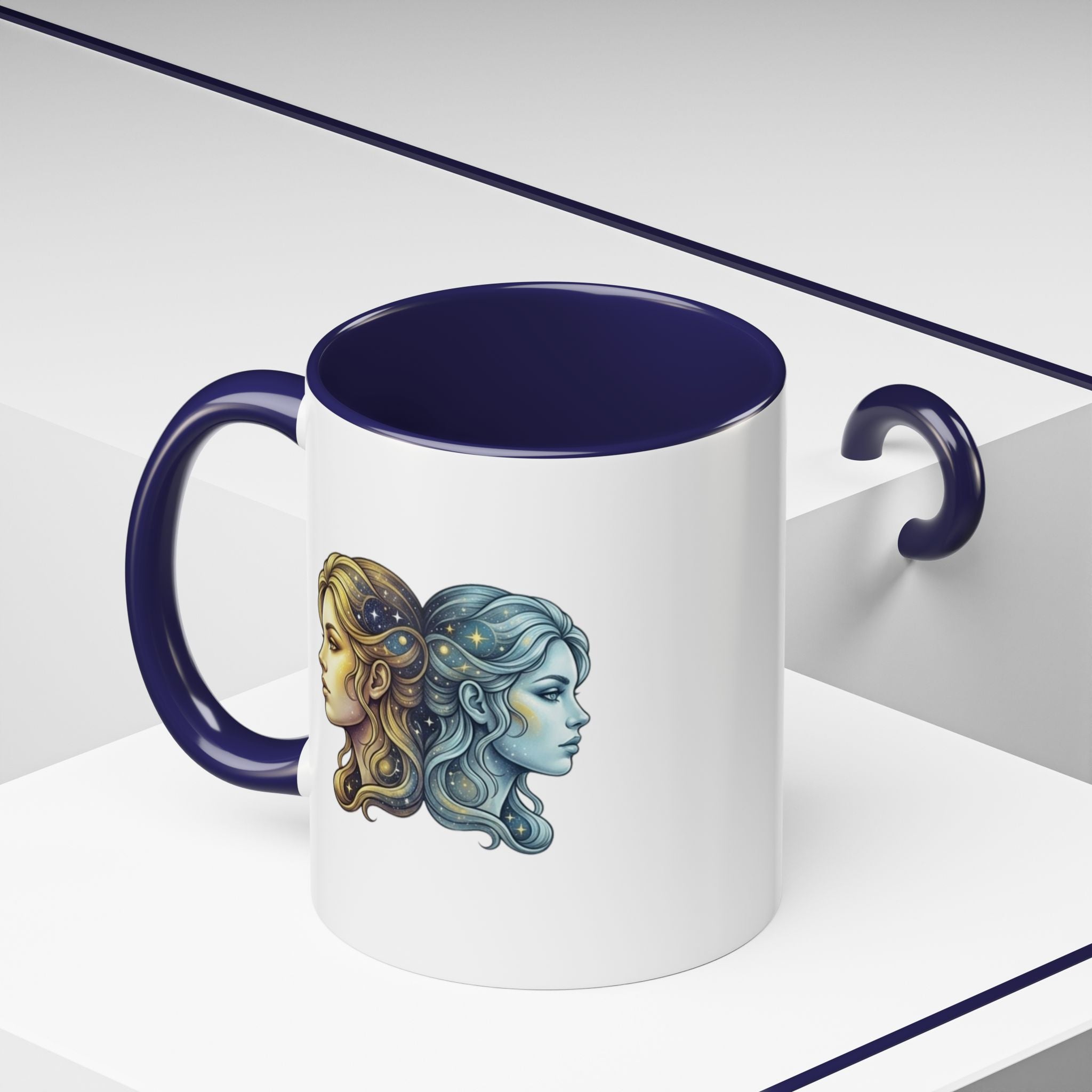 Gemini Zodiac Accent Coffee Mug — Dual Faces Astrology Design