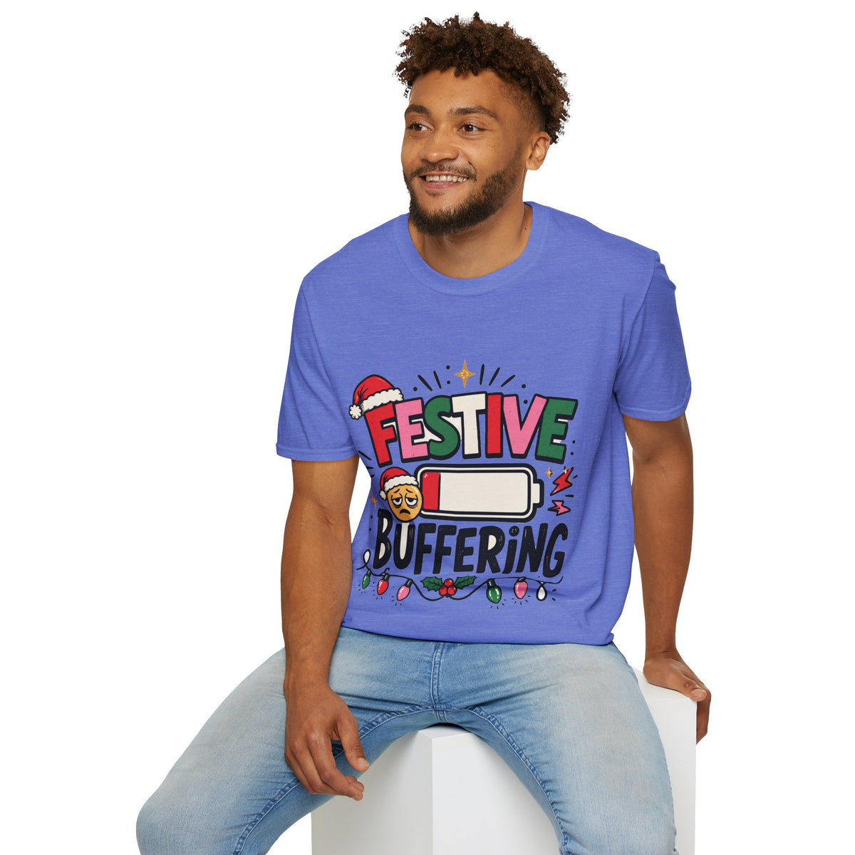 Festive Buffering T-Shirt — Funny Holiday Christmas Tee with Loading Battery Design