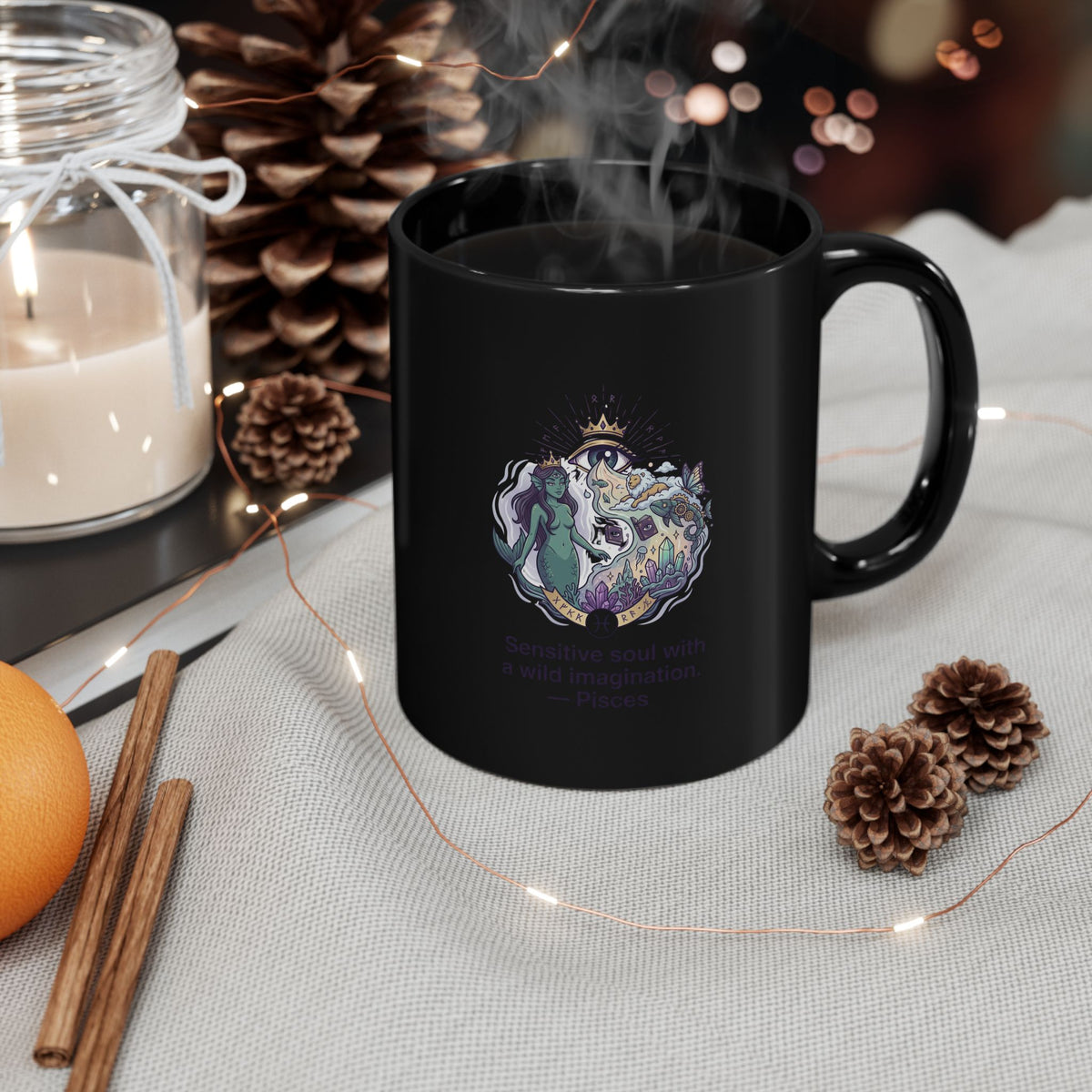 Pisces Zodiac Mystical Ocean Witch Mug – "Restore Soul with Imagination" Black Ceramic Coffee Cup