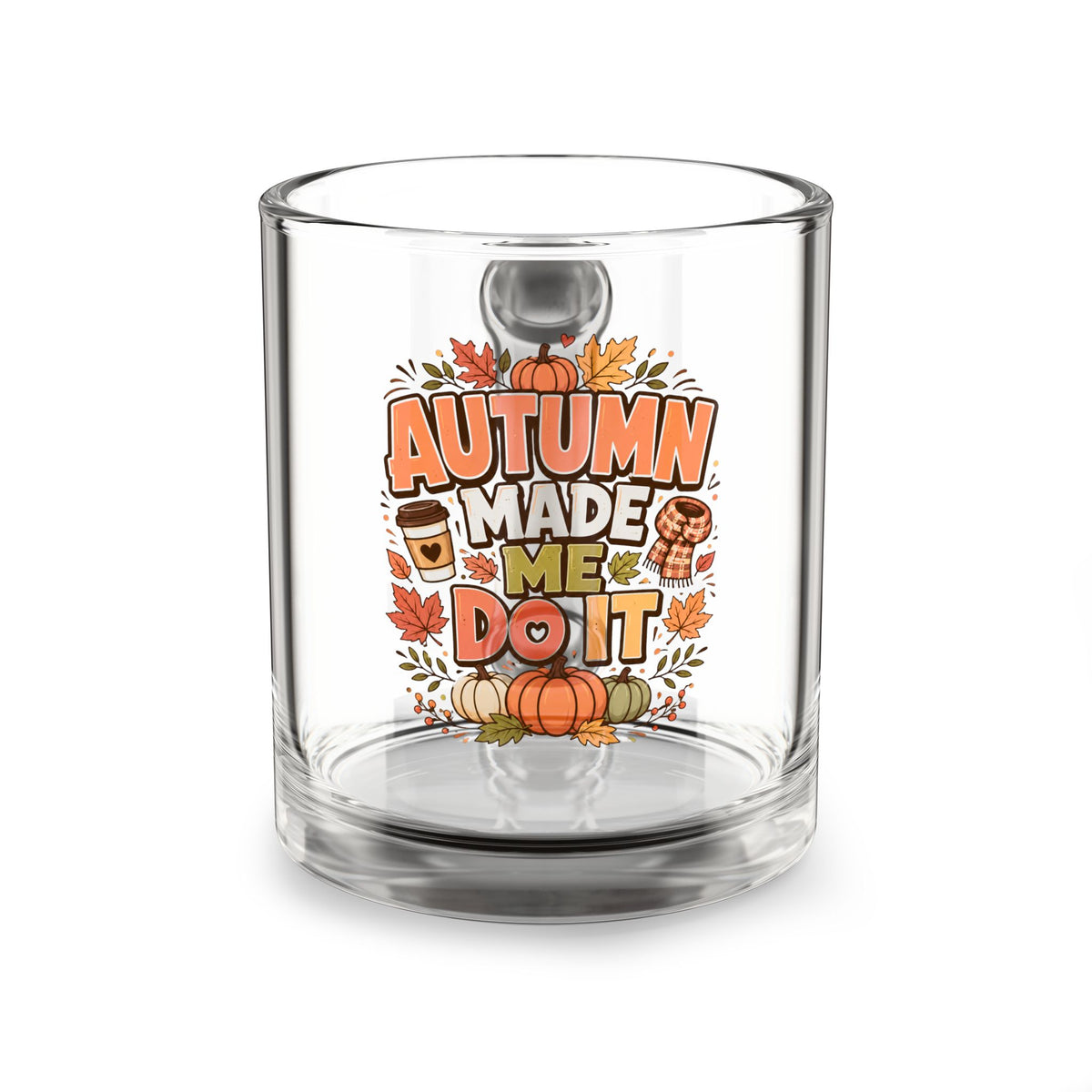 Glass Mug — Thanksgiving  Glass Mug — "Autumn Made Me Do It" Fall Coffee Cup | 10oz Seasonal Pumpkin Leaves Design