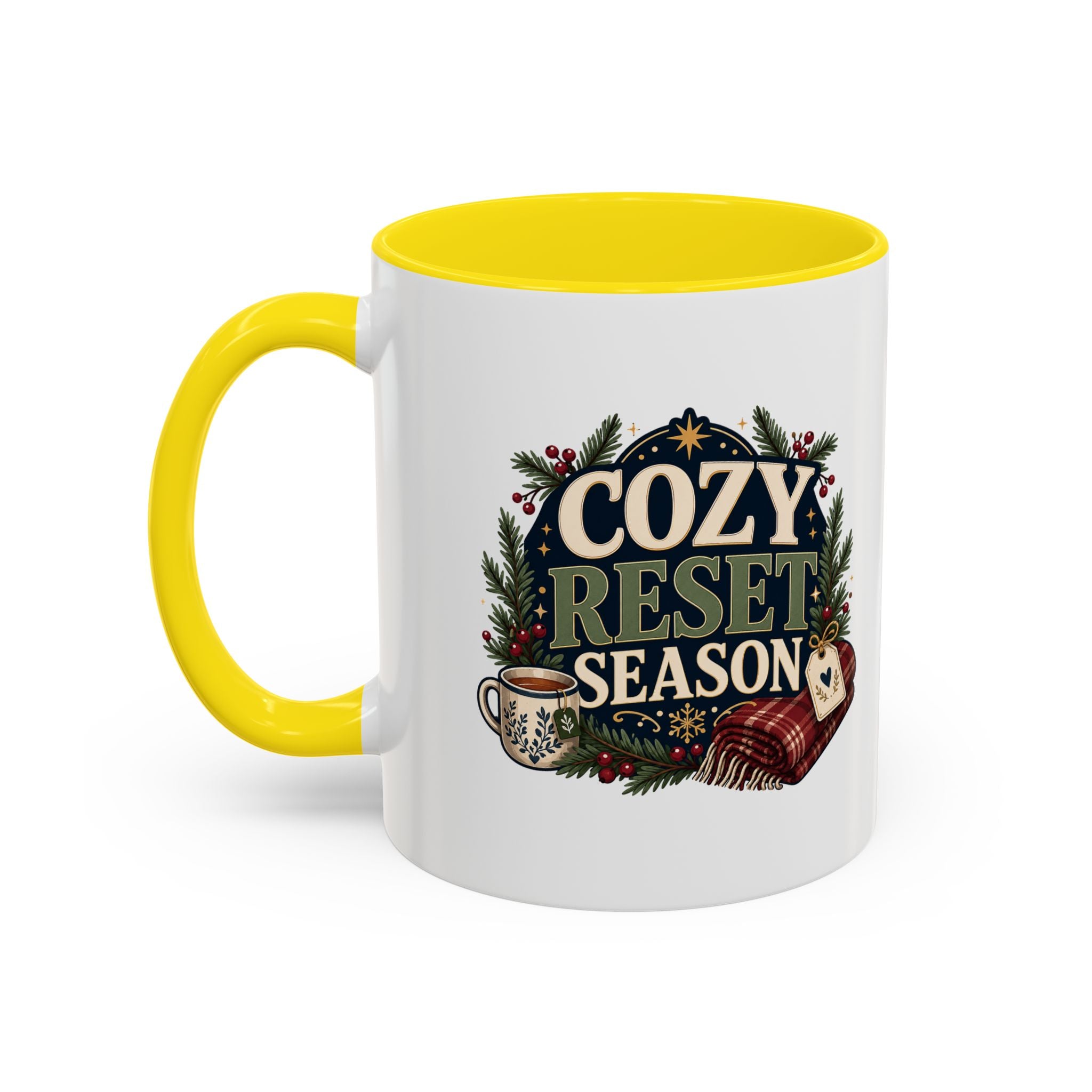 Modern Day Christmas Cozy Reset Season Mug — Holiday Coffee Cup with Blanket & Tea Tag Design