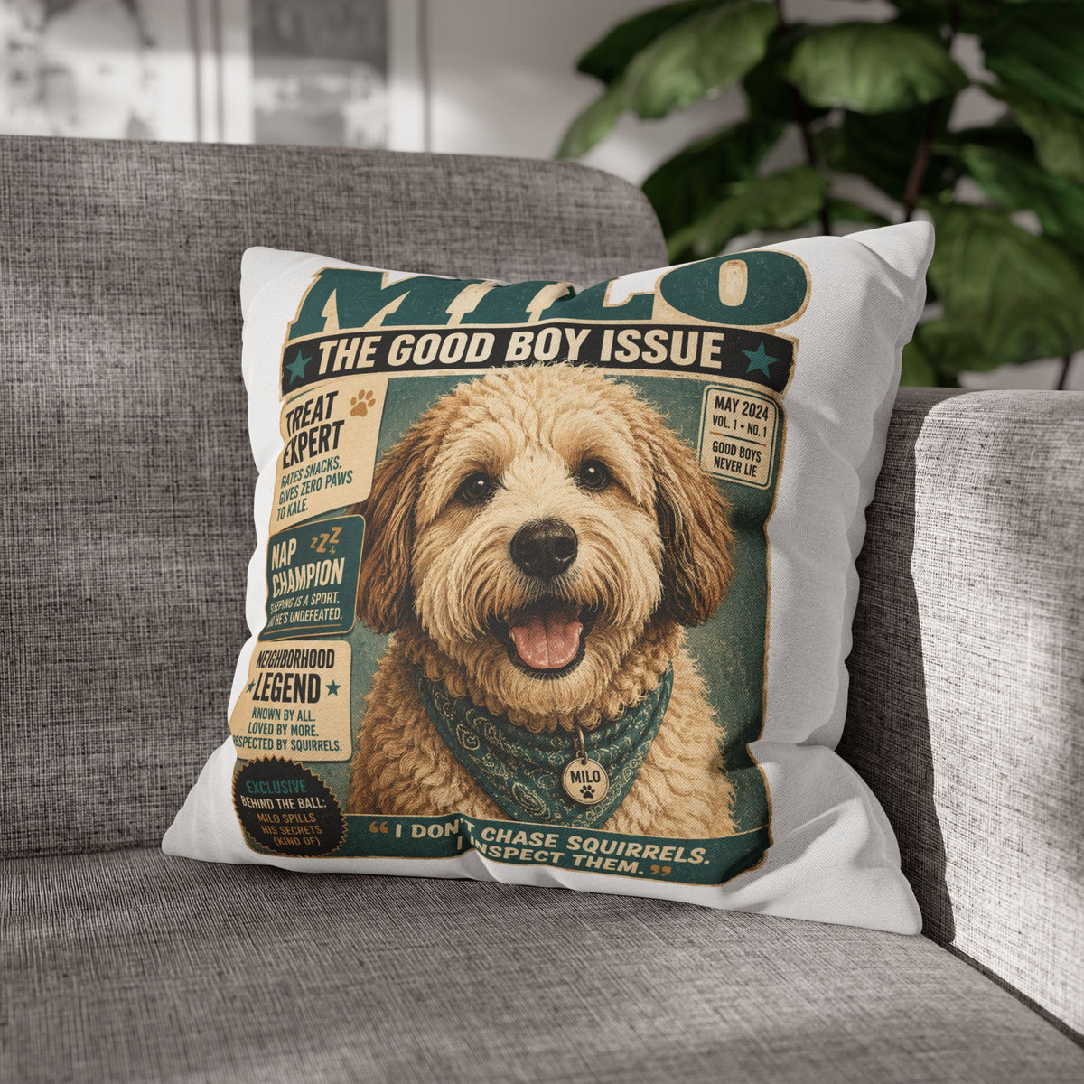 Dog Magazine Cover Pillowcase Milo Bailey Dog Dad Mom– "Milo: The Good Boy Issue" Decorative Throw Pillow