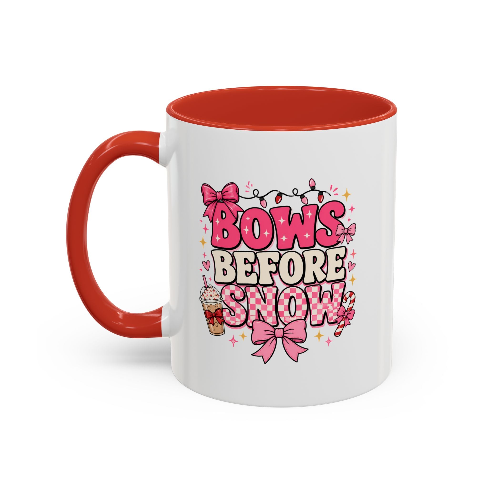 Modern Day Christmas Bows Before Snow Accent Coffee Mug — Cute Pink Holiday Hot Cocoa Design (11/15oz)