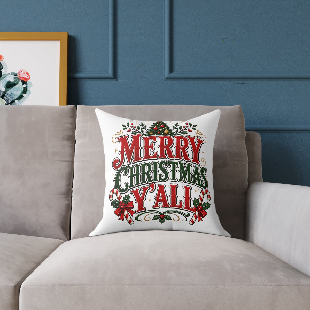 Merry Christmas Y'all Pillow — Festive Holiday Square Throw Pillow