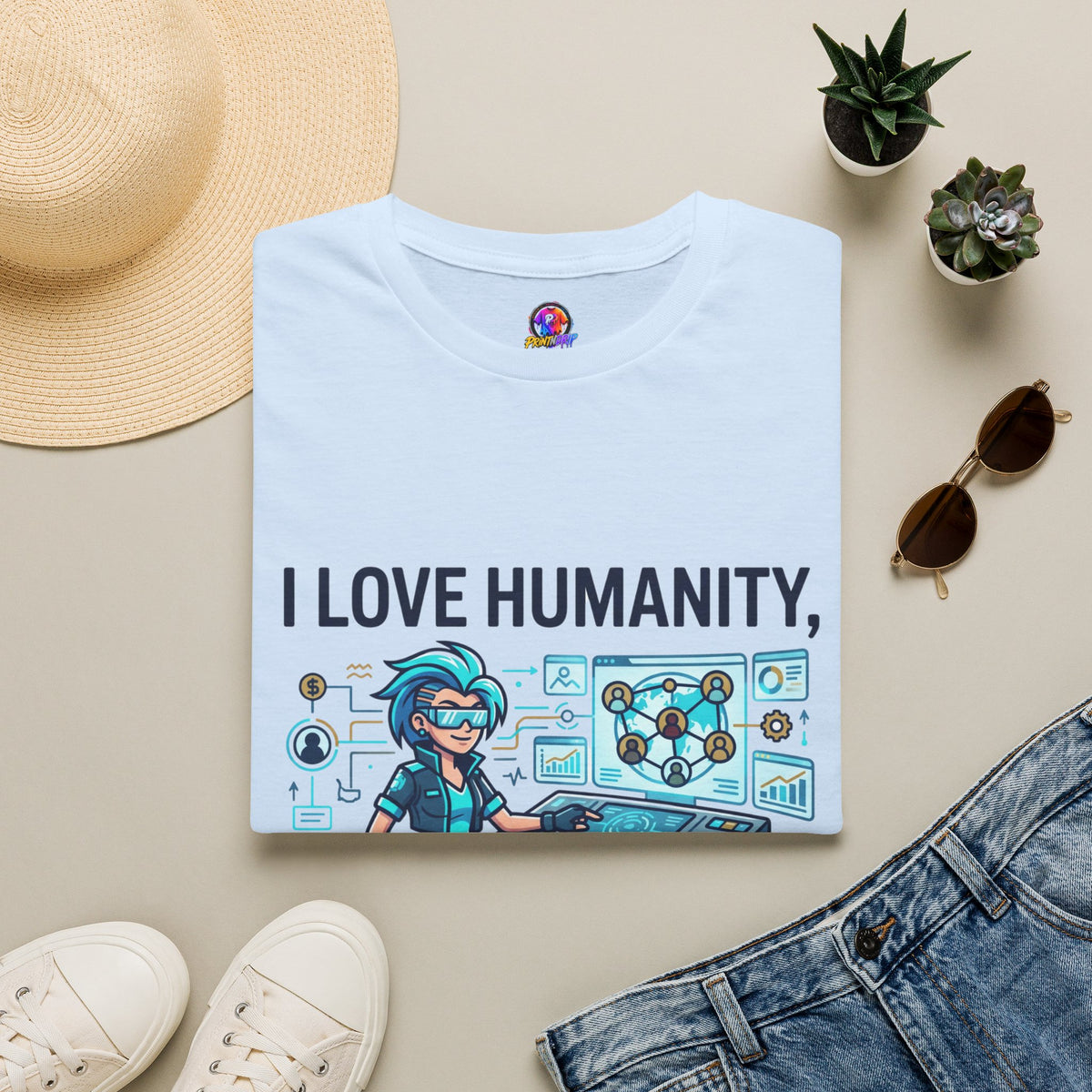 I Love Humanity, But Humans Are Exhausting - Funny Sci‑Fi T‑Shirt