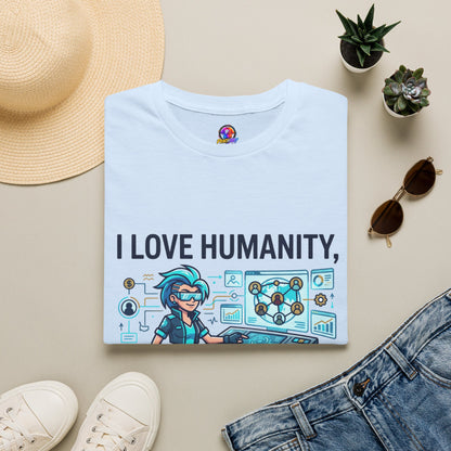 I Love Humanity, But Humans Are Exhausting - Funny Sci‑Fi T‑Shirt