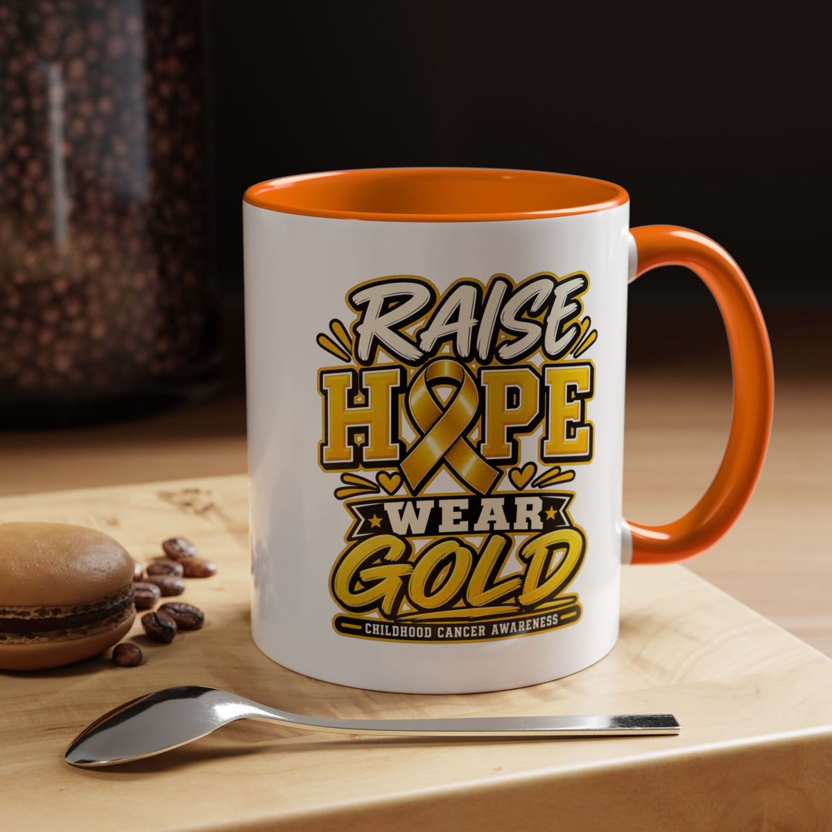 Raise Hope Wear Gold Cancer Awareness Coffee Mug (Accent, 11/15oz)