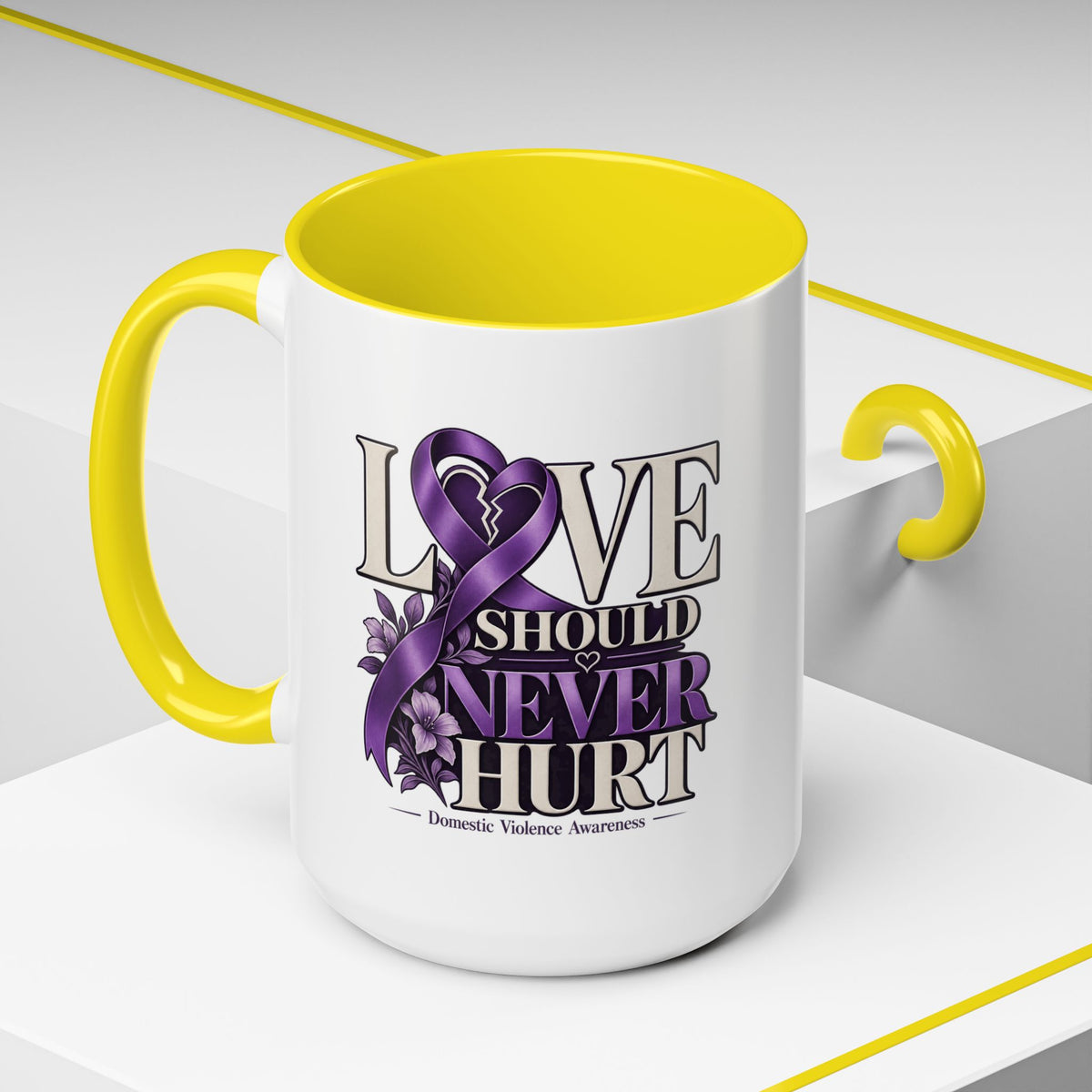 Domestic Violence Awareness Accent Coffee Mug – "Love Should Never Hurt" (11/15oz)
